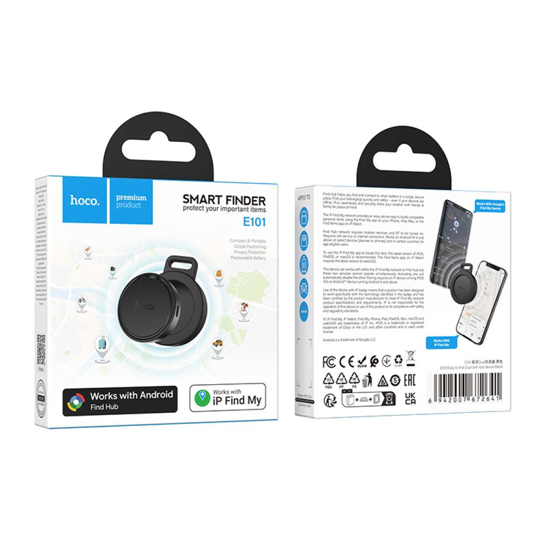 HOCO E101 smart tracker product view. Three units included in family pack.